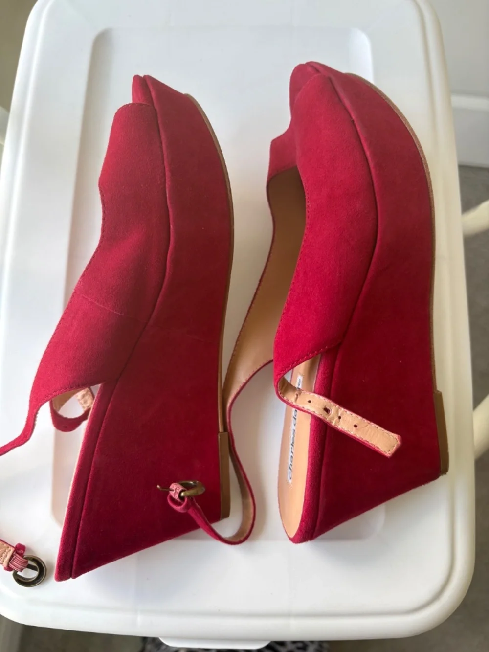 Red Suede Charles David Sling Back Wedge Sandals
